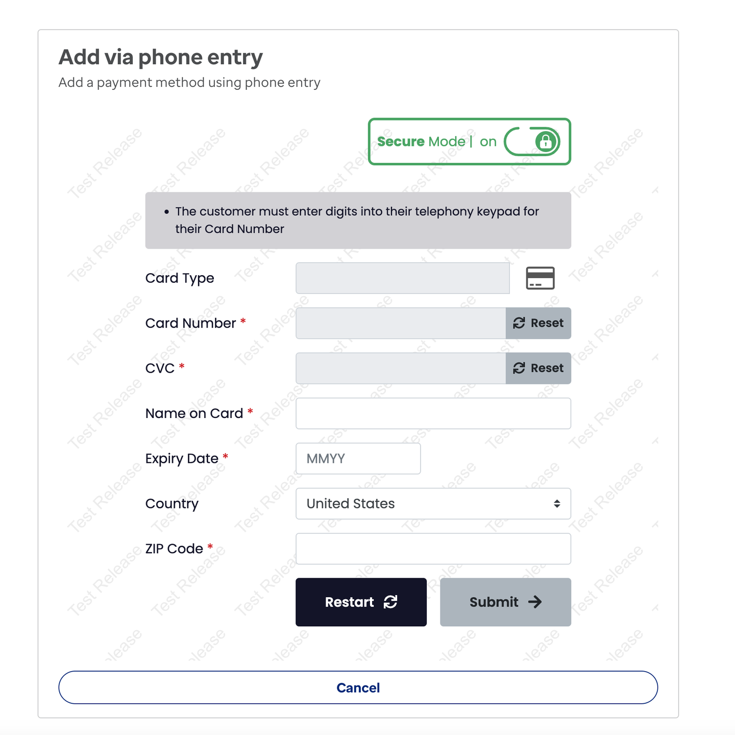 Telephonic Entry screen
