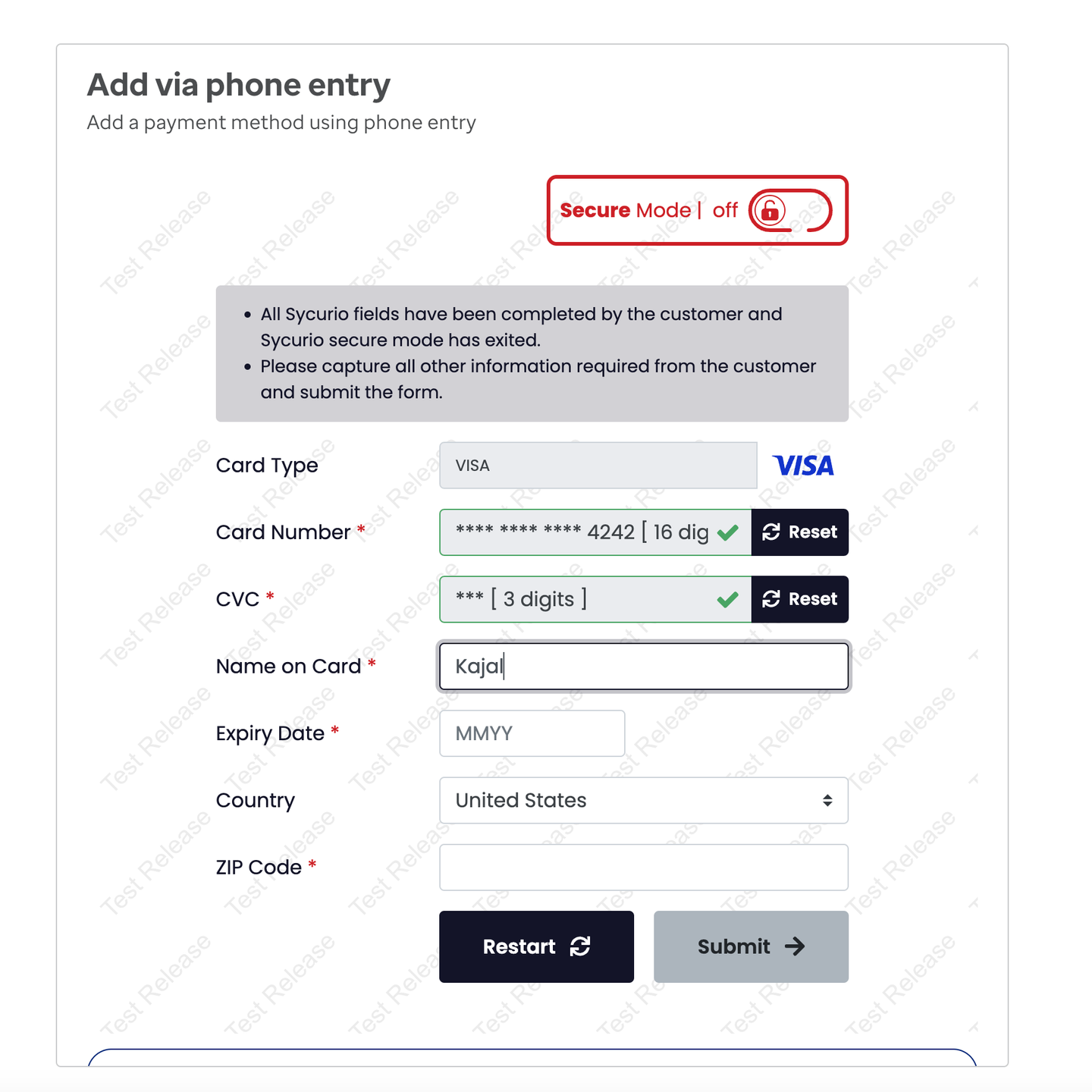 Telephonic Entry screen
