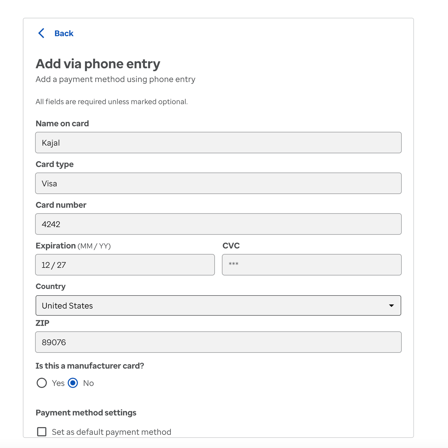 Submitting card details on telephonic-entry screen