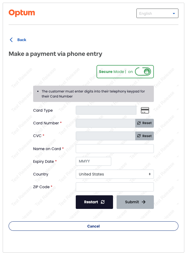 Telephonic Entry screen for payment